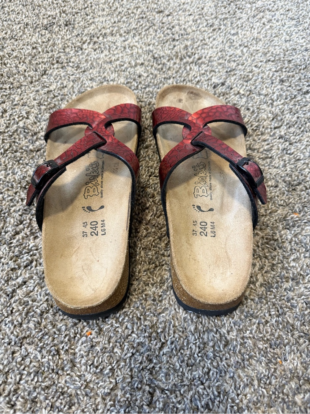 Birki’s Women’s Red Crisscross Comfort Sandals with Adjustable Buckles - Picture 2 of 4